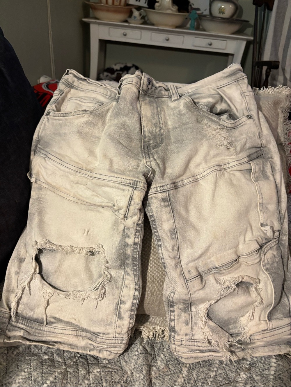 Men's Distressed Light Gray Denim Jean Shorts